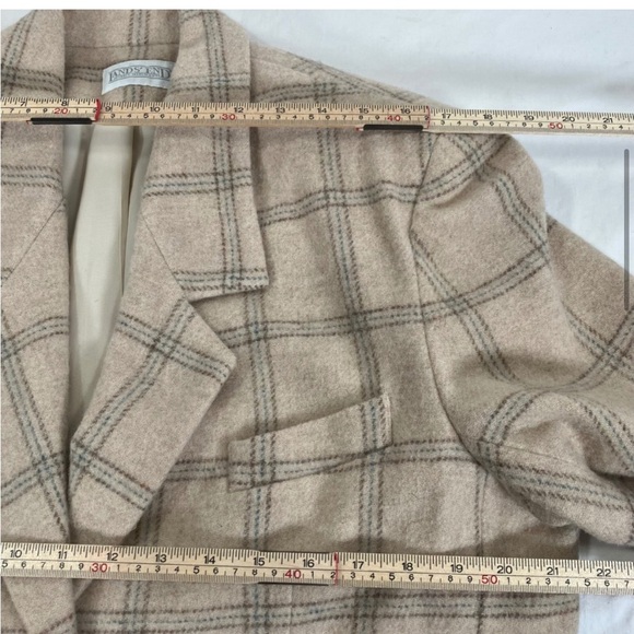 Vintage LANDSEND Womens Blazer Tan Plaid 100% Wool Button Front Cream Tan Blue - Picture 4 of 10